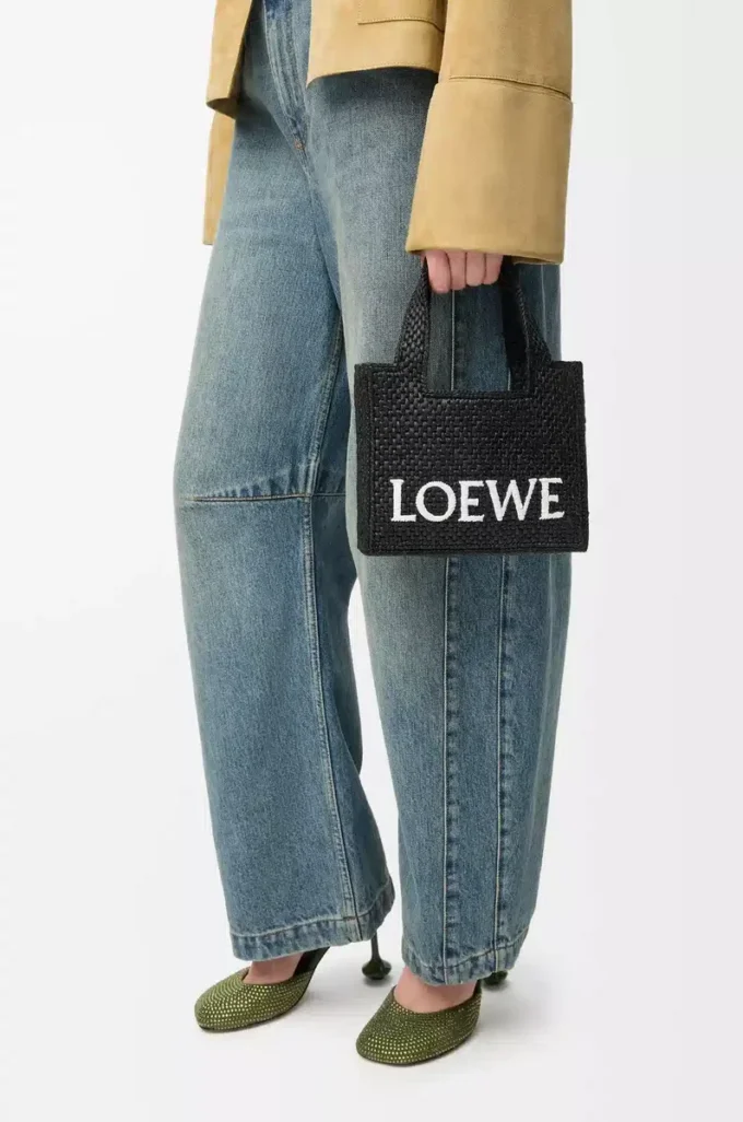 Mini LOEWE Font tote çanta, rafya, Siyah