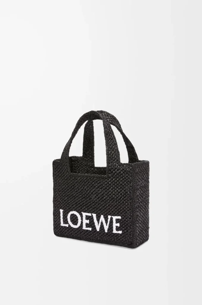 Mini LOEWE Font tote çanta, rafya, Siyah