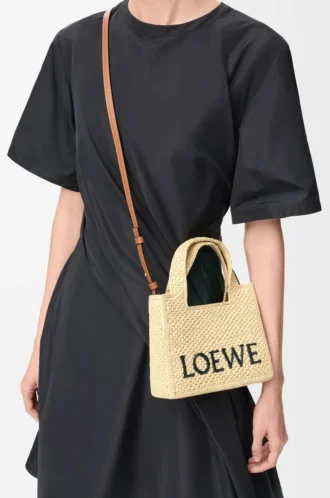 Mini LOEWE Font tote, rafya Doğal