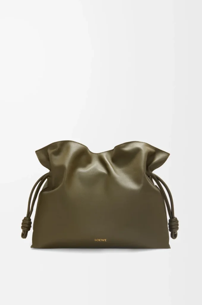 Nappa dana derisinden büyük Flamenco clutch Dark Khaki