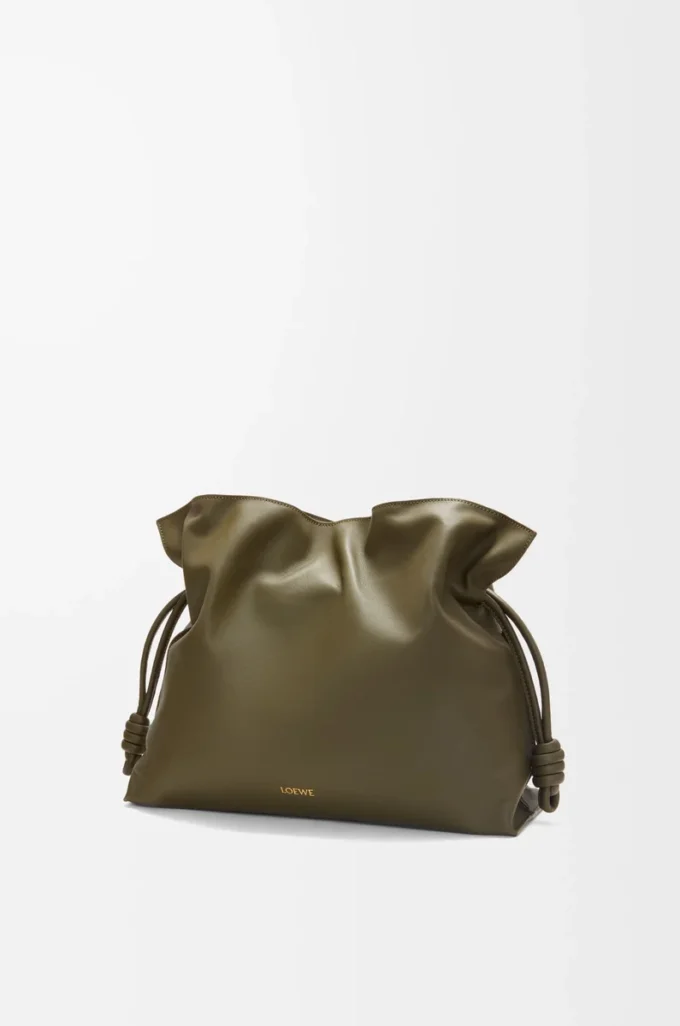 Nappa dana derisinden büyük Flamenco clutch Dark Khaki