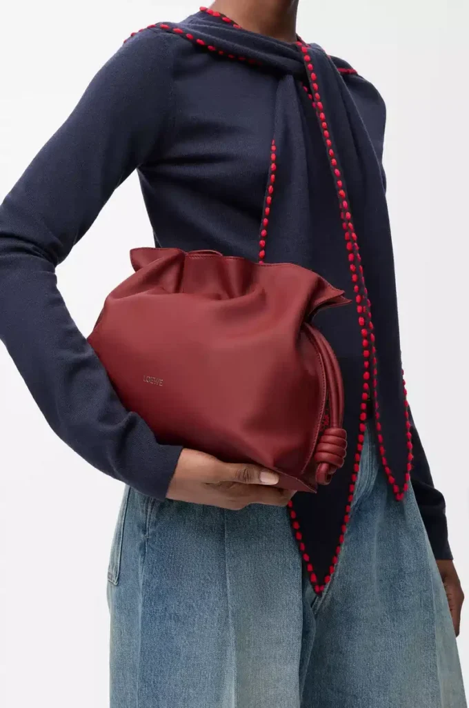 Nappa dana derisinden orta boy Flamenco clutch çanta Burnt Red