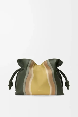 Nappa dana derisinden orta boy Flamenco clutch Landscape, Bottle Green/Ochre