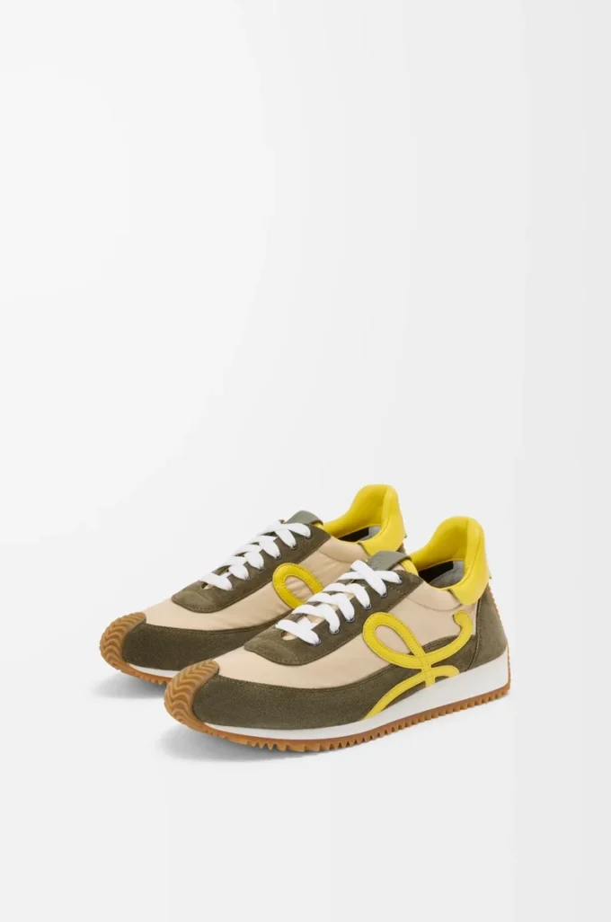 Naylon ve süetten Flow Runner 2.0 Krem/Sarı/Zeytin Yeşili
