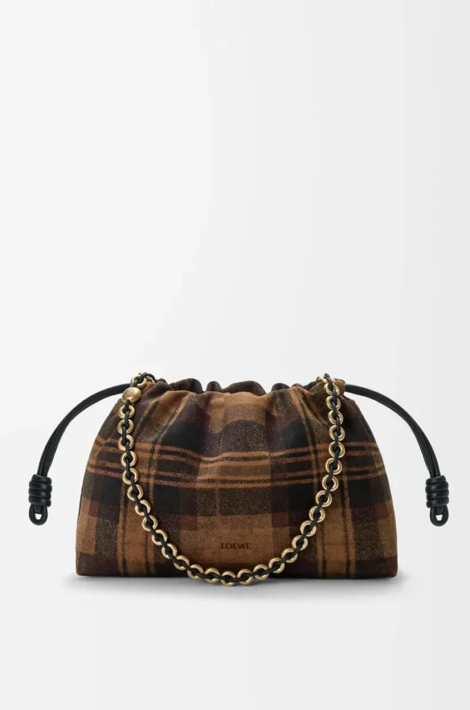 Orta boy Flamenco çanta, tartan süet, Tan/Siyah