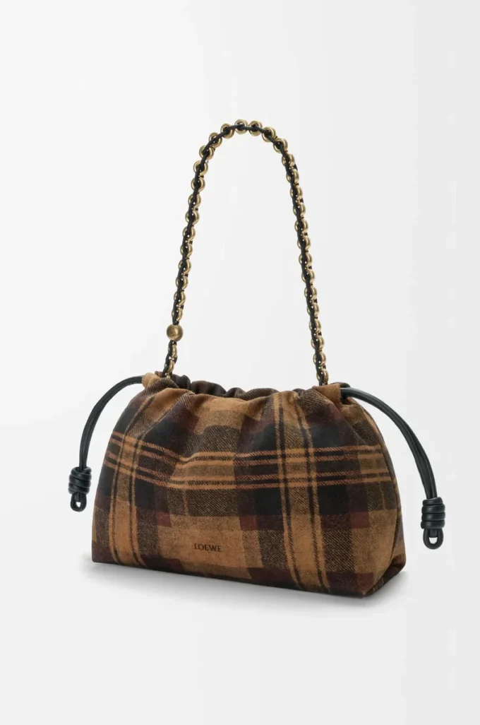 Orta boy Flamenco çanta, tartan süet, Tan/Siyah