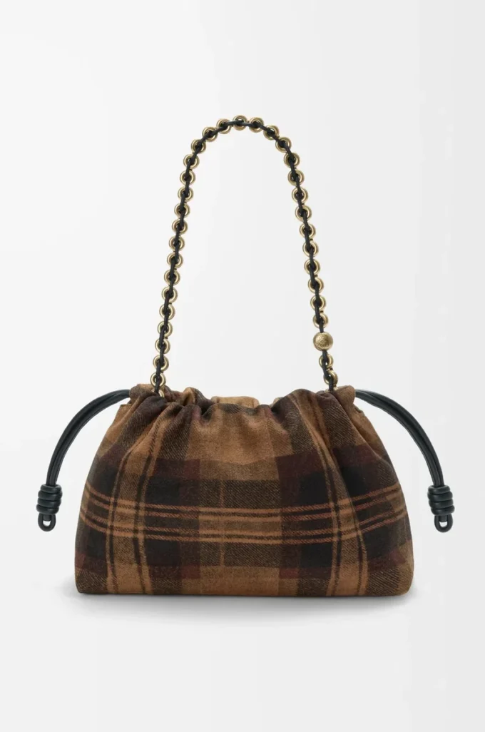 Orta boy Flamenco çanta, tartan süet, Tan/Siyah