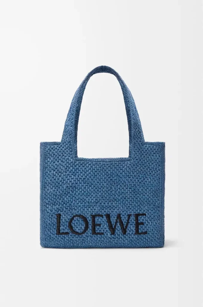 Orta boy LOEWE Font tote çanta, rafya, açık mavi