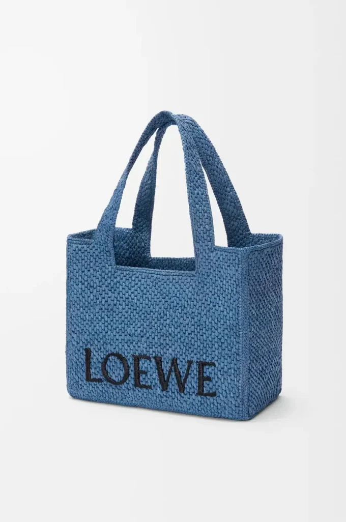 Orta boy LOEWE Font tote çanta, rafya, açık mavi