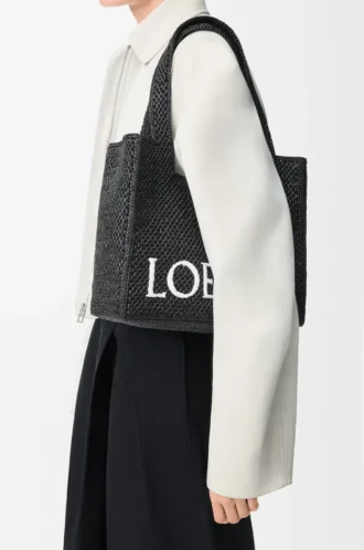 Orta boy LOEWE Font tote çanta, rafya, siyah