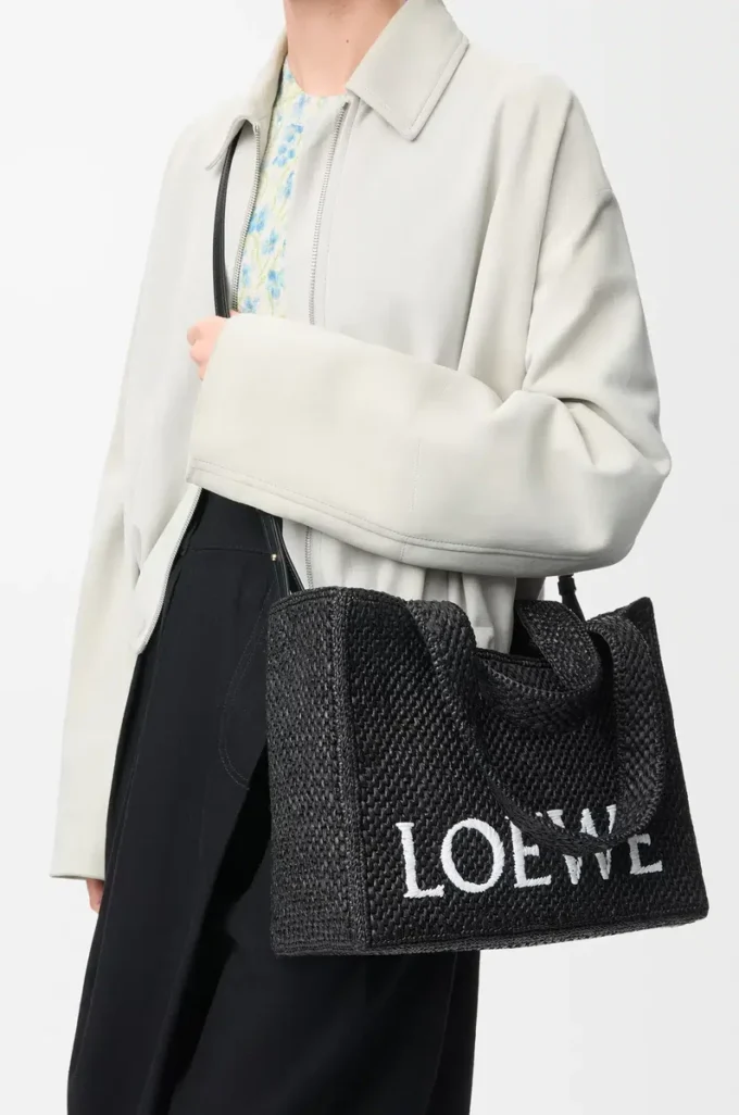 Orta boy LOEWE Font tote çanta, rafya, siyah