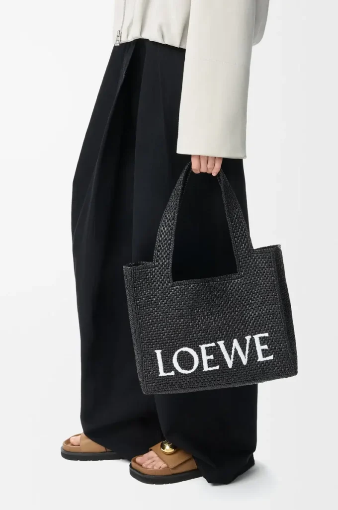 Orta boy LOEWE Font tote çanta, rafya, siyah