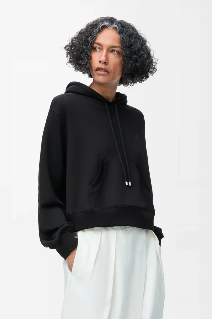 Pamuk karışımlı trapez kapüşonlu sweatshirt. Siyah