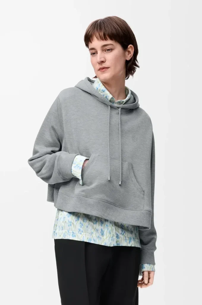 Pamuk karışımlı trapez kesim kapüşonlu sweatshirt Gri Melanj