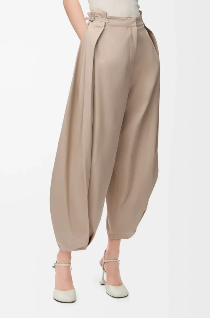 Pamuk ve ipek drape pantolon Bej