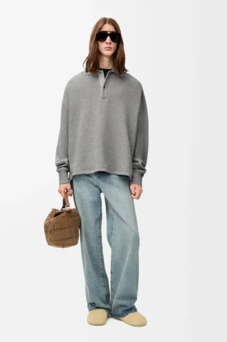 Pamuk ve kaşmirden üretilmiş polo sweatshirt, kurşun grisi