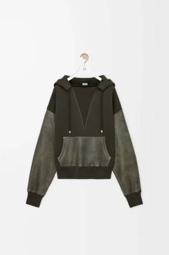 Pamuk ve nappa kuzu derisinden üretilmiş hibrit kapüşonlu sweatshirt Haki Yeşili