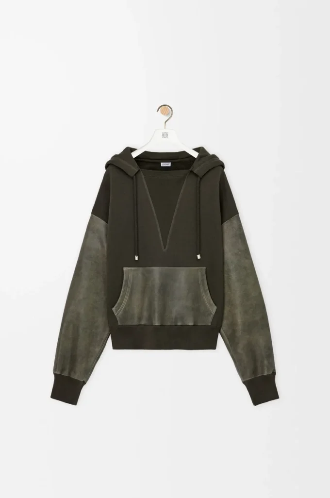 Pamuk ve nappa kuzu derisinden üretilmiş hibrit kapüşonlu sweatshirt Haki Yeşili