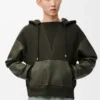 Pamuk ve nappa kuzu derisinden üretilmiş hibrit kapüşonlu sweatshirt Haki Yeşili