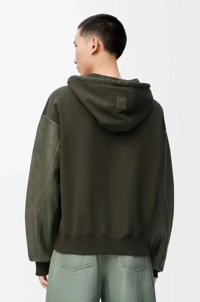 Pamuk ve nappa kuzu derisinden üretilmiş hibrit kapüşonlu sweatshirt Haki Yeşili