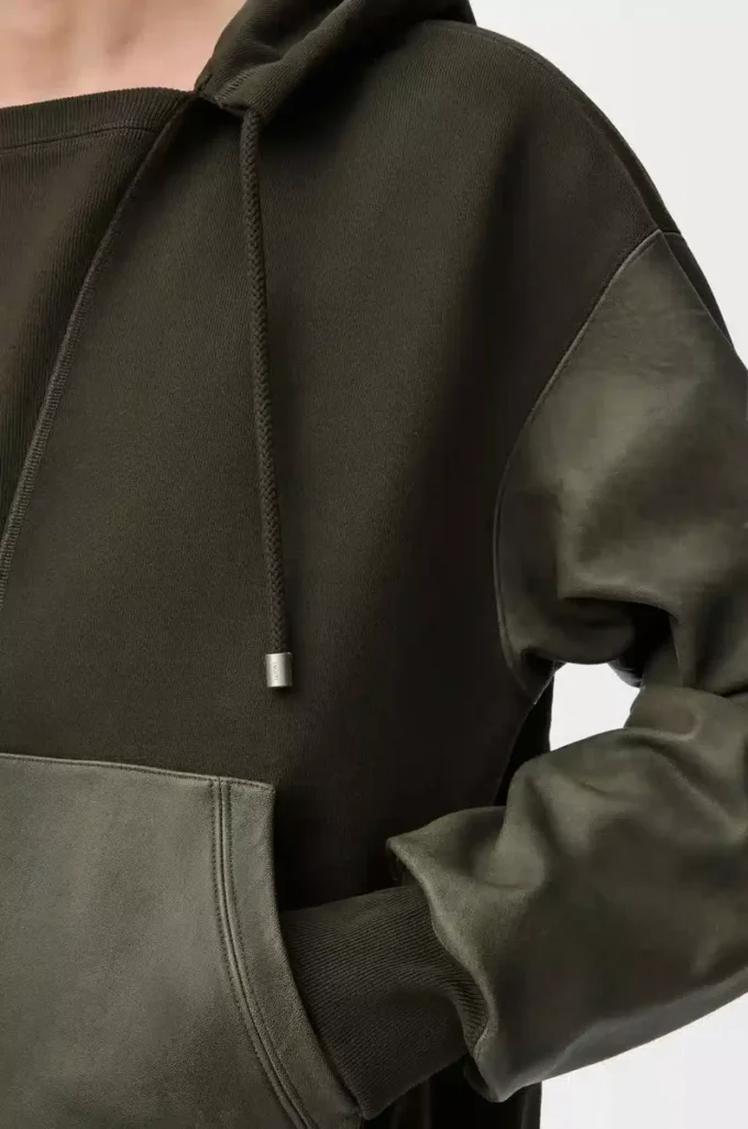 Pamuk ve nappa kuzu derisinden üretilmiş hibrit kapüşonlu sweatshirt Haki Yeşili