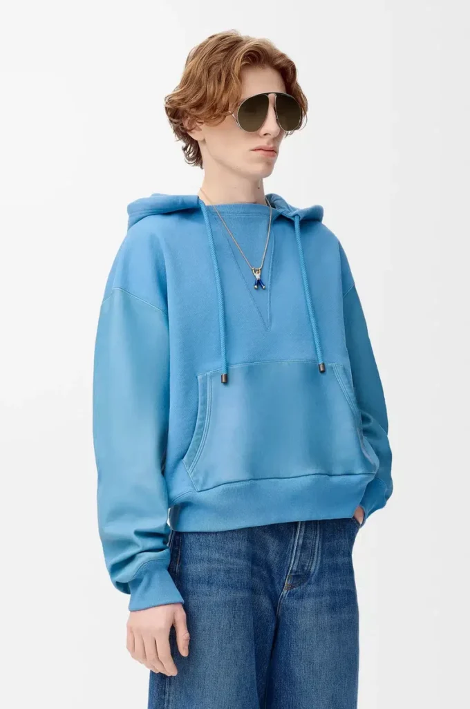 Pamuk ve nappa kuzu derisinden üretilmiş hibrit kapüşonlu sweatshirt Mavi