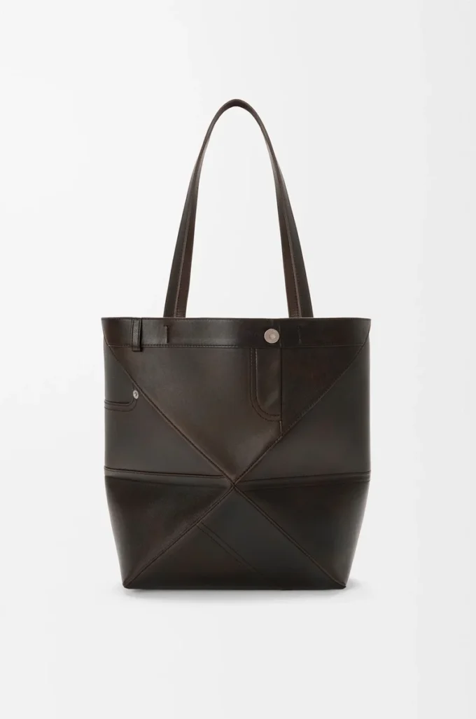Panta orta boy Puzzle Fold tote, parlak dana derisi Vintage Brown