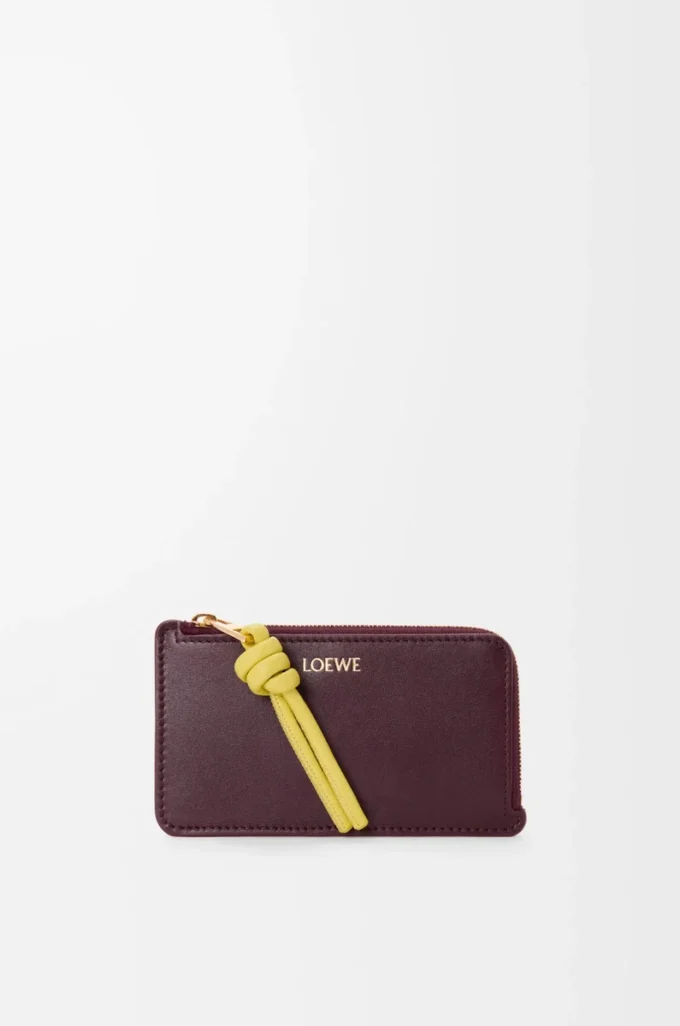 Parlak nappa dana derisinden Knot bozuk para kartlık Dark Burgundy/Light Citrine