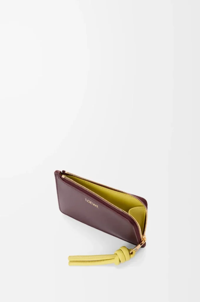 Parlak nappa dana derisinden Knot bozuk para kartlık Dark Burgundy/Light Citrine