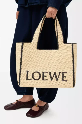 Raffia doğal renkli büyük LOEWE Font tote çanta