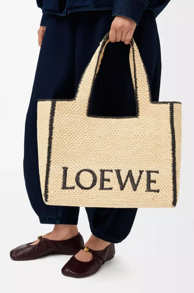 Raffia doğal renkli büyük LOEWE Font tote çanta
