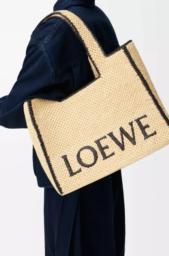 Raffia doğal renkli büyük LOEWE Font tote çanta