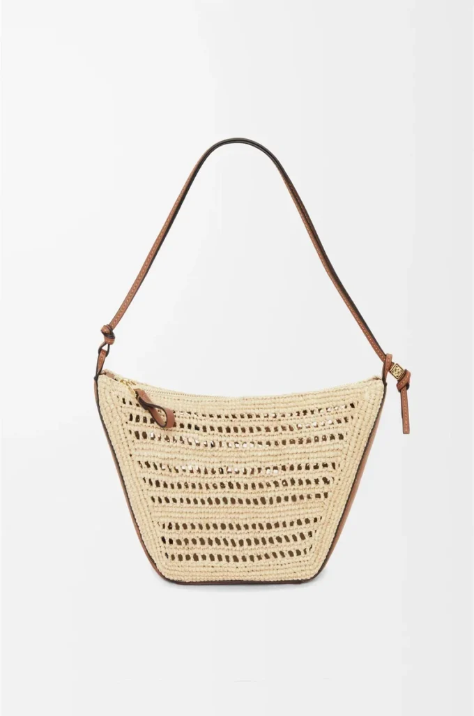 Rafya ve dana derisinden Mini Hammock Hobo Çanta Kahverengi/Doğal