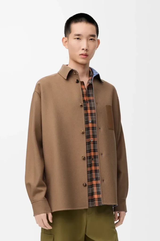 Saf yün ve kaşmirden üretilmiş overshirt Camel/Mavi