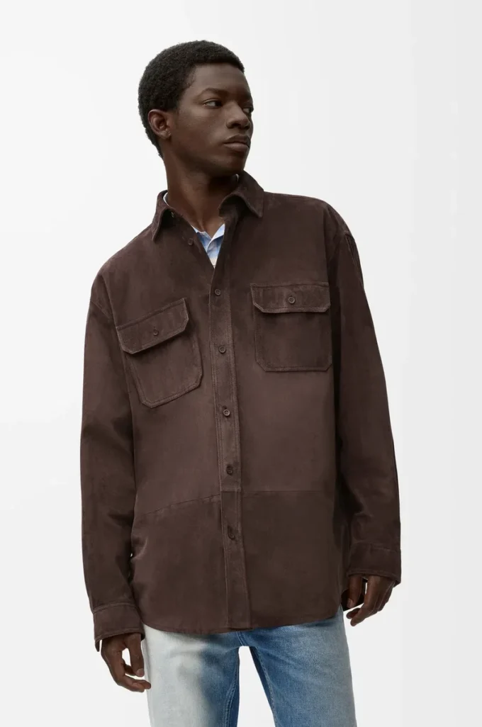Süet dana derisi koyu kahverengi overshirt