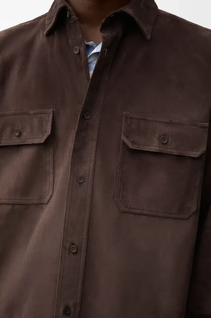 Süet dana derisi koyu kahverengi overshirt