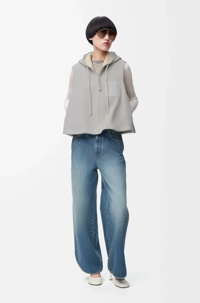 Shearling Light Grey Melange kapüşonlu yelek