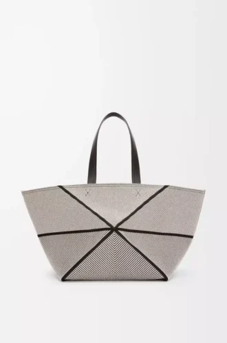 XXL Puzzle Fold tote, kanvas jakarlı ve dana derisi Doğal/Siyah