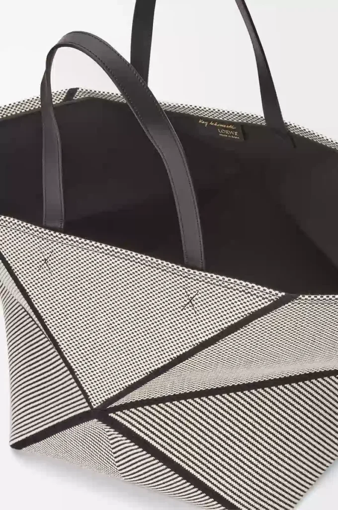 XXL Puzzle Fold tote, kanvas jakarlı ve dana derisi Doğal/Siyah