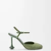 Yapay elmaslarla süslenmiş süet Military Green renkli Toy ayak bileği kayışlı topuklu ayakkabı