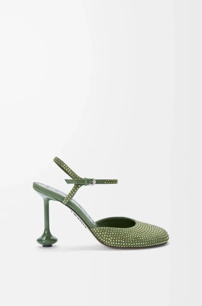 Yapay elmaslarla süslenmiş süet Military Green renkli Toy ayak bileği kayışlı topuklu ayakkabı