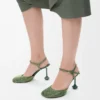 Yapay elmaslarla süslenmiş süet Military Green renkli Toy ayak bileği kayışlı topuklu ayakkabı