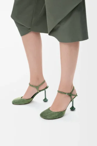 Yapay elmaslarla süslenmiş süet Military Green renkli Toy ayak bileği kayışlı topuklu ayakkabı