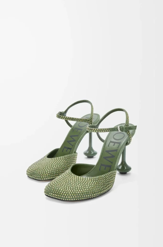 Yapay elmaslarla süslenmiş süet Military Green renkli Toy ayak bileği kayışlı topuklu ayakkabı