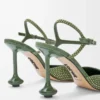 Yapay elmaslarla süslenmiş süet Military Green renkli Toy ayak bileği kayışlı topuklu ayakkabı