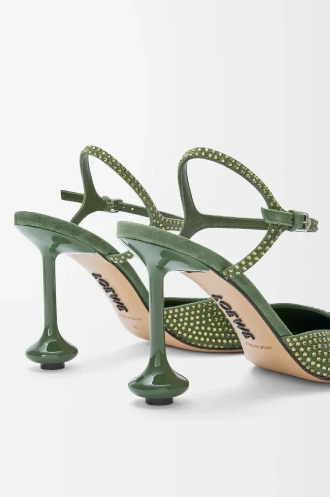 Yapay elmaslarla süslenmiş süet Military Green renkli Toy ayak bileği kayışlı topuklu ayakkabı