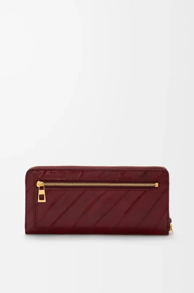 Yılan derisinden düğümlü ince fermuarlı cüzdan Dark Burgundy