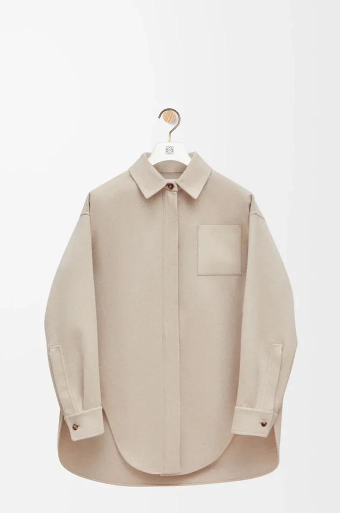 Yün ve kaşmirden üretilmiş açık bej melanj overshirt