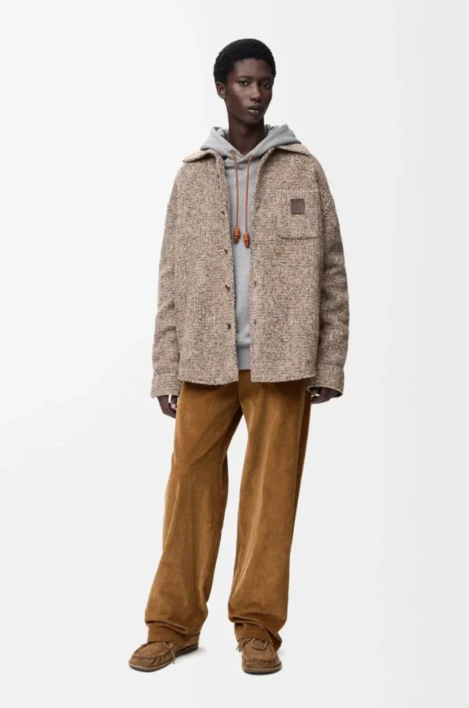 Yün ve lama karışımı overshirt Bej/Mavi Melanj