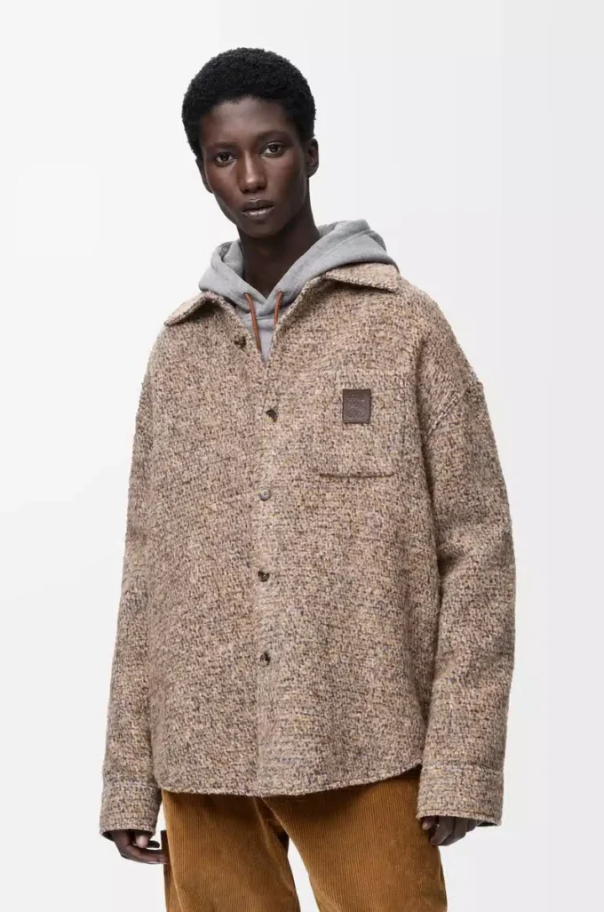 Yün ve lama karışımı overshirt Bej/Mavi Melanj